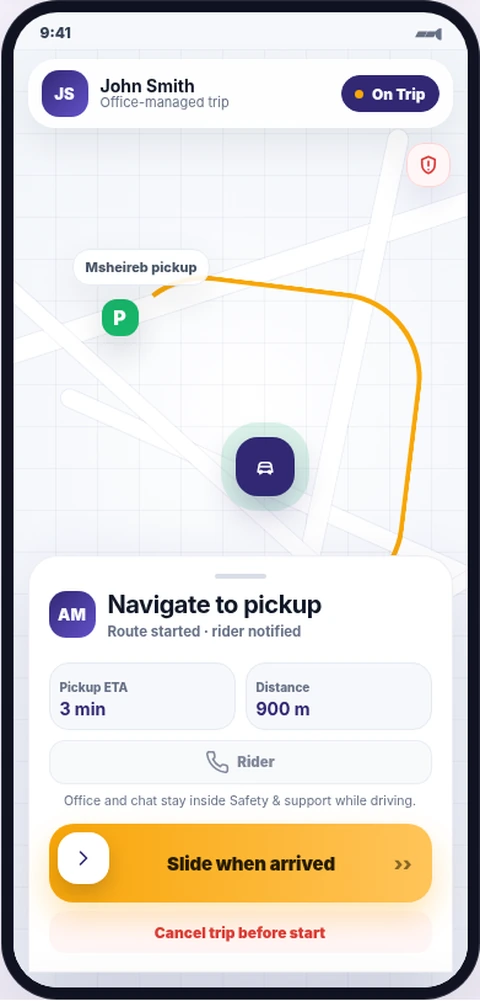 DriverX navigation to pickup screen