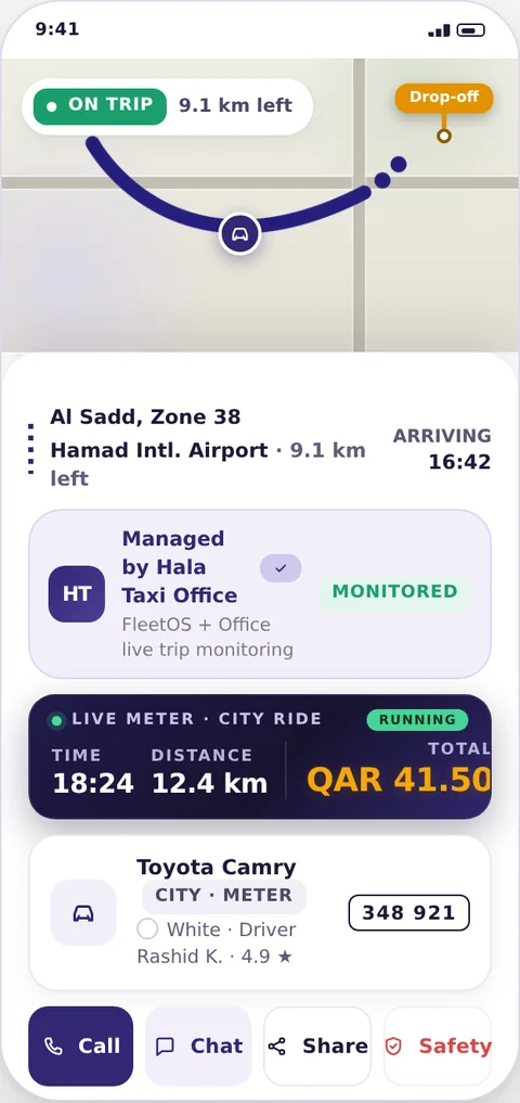 Fleet Ride live in-trip screen
